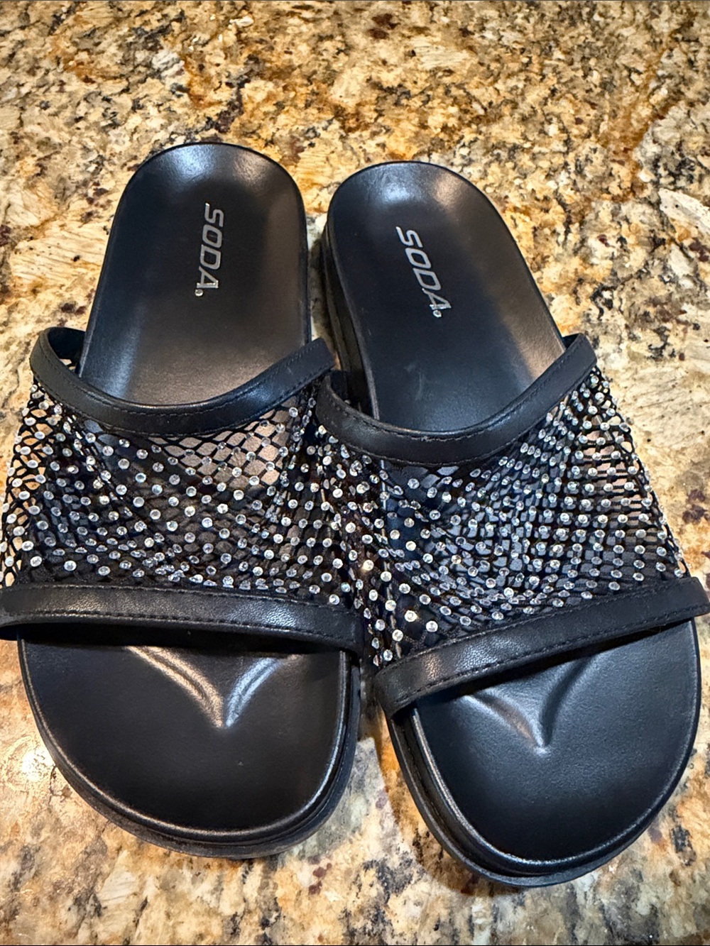 Soda Black Mesh Slide Sandals with Rhinestones 6.5 NWOT